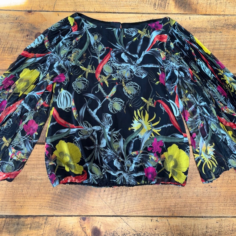 Alice + Olivia‎ Womens Black Boho Floral Multicolor Accordion Sleeves Blouse XS